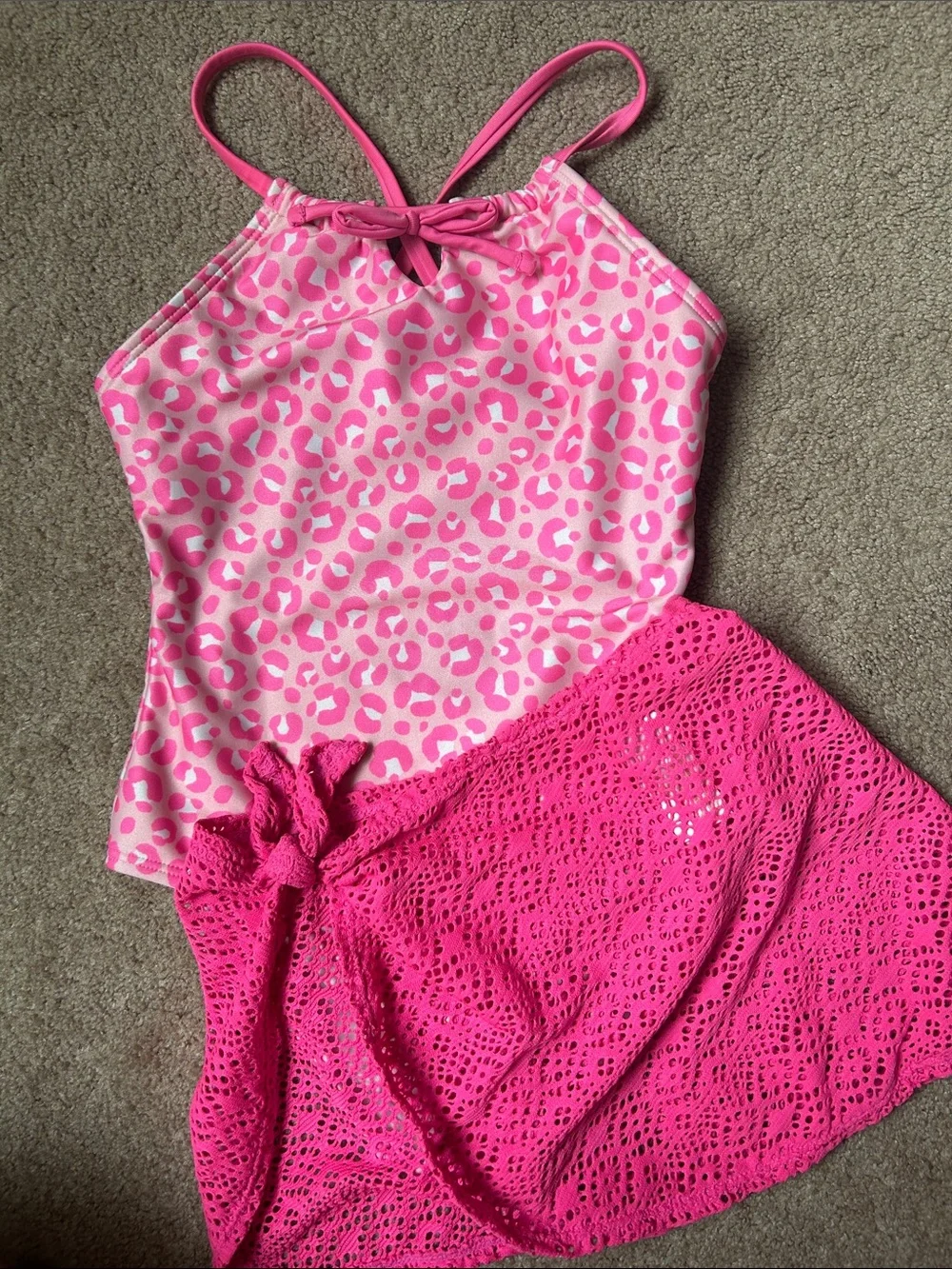 Girls Cat & Jack Leopard One Piece with Crochet Skirt Swim Set